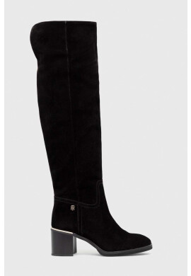Tommy Hilfiger Велурени ботуши Th Belt Suede Overknee Boot в черно с висок ток - Pepit.bg