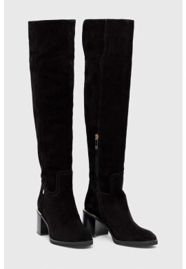 Tommy Hilfiger Велурени ботуши Th Belt Suede Overknee Boot в черно с висок ток - Pepit.bg