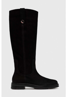 Tommy Hilfiger Велурени ботуши Th Coin Longboot в черно с равна подметка - Pepit.bg