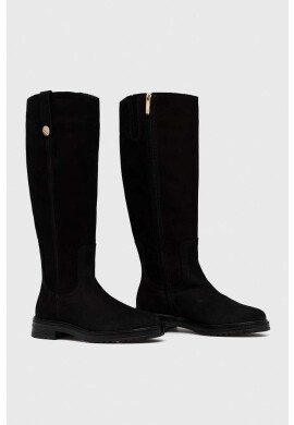 Tommy Hilfiger Велурени ботуши Th Coin Longboot в черно с равна подметка - Pepit.bg