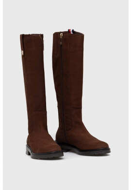 Tommy Hilfiger Велурени ботуши TH Coin Longboot в кафяво с равна подметка - Pepit.bg