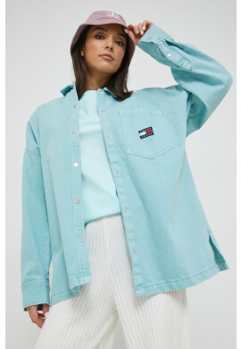 Tommy Jeans Дънкова риза дамска в тюркоазено със свободна кройка с класическа яка - Pepit.bg