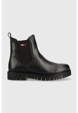 Tommy Jeans Кожени боти челси Warmlined Chelsea Boot в черно с равна подметка с изолация - Pepit.bg