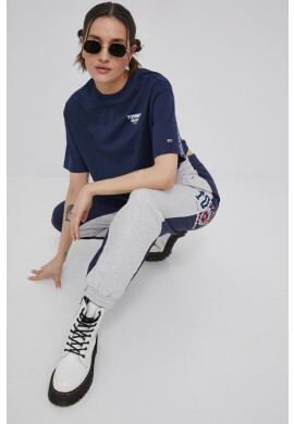 Tommy Jeans Памучен панталон дамско в тъмносиньо меланж на - Pepit.bg