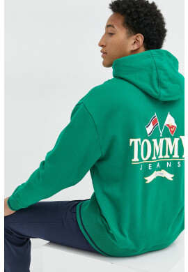 Tommy Jeans Памучен суичър в зелено с качулка с принт - Pepit.bg