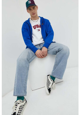 Tommy Jeans Памучен суичър в синьо с качулка с изчистен дизайн - Pepit.bg