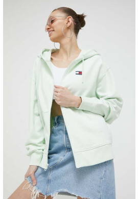 Tommy Jeans Памучен суичър в зелено с качулка с изчистен дизайн - Pepit.bg