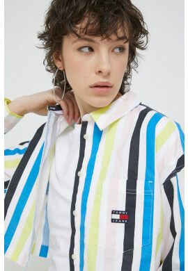 Tommy Jeans Памучна риза дамска в жълто със свободна кройка с класическа яка - Pepit.bg