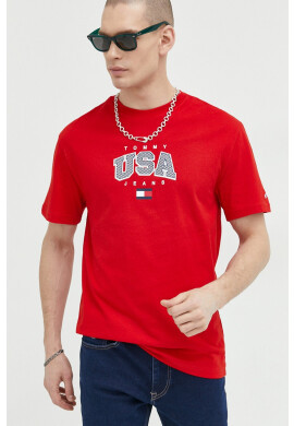 Tommy Jeans Памучна тениска в червено с принт - Pepit.bg