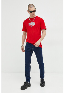 Tommy Jeans Памучна тениска в червено с принт - Pepit.bg