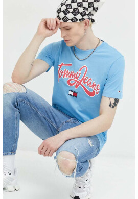 Tommy Jeans Памучна тениска в синьо с принт - Pepit.bg