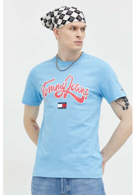 Tommy Jeans Памучна тениска в синьо с принт - Pepit.bg