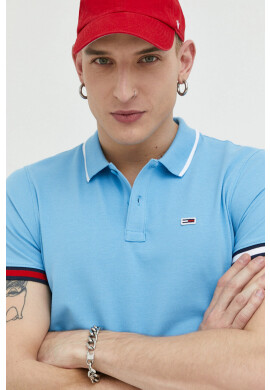 Tommy Jeans Памучна тениска с яка в синьо с изчистен дизайн - Pepit.bg