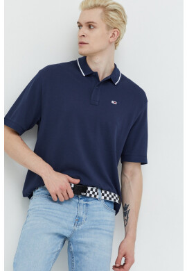 Tommy Jeans Памучна тениска с яка в тъмносиньо с принт - Pepit.bg