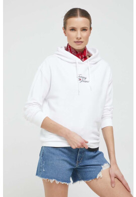 Tommy Jeans Суичър в бяло с качулка с принт - Pepit.bg