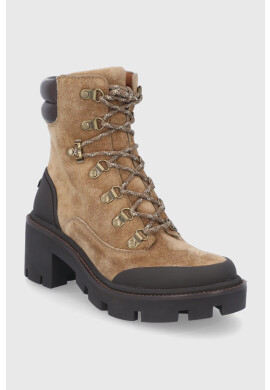 Tory Burch Велурени боти Lug Sole Hiker дамски в кафяво с висок ток - Pepit.bg