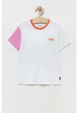 Vans Детска памучна тениска COLORBLOCK CREW WHITE MULTI в бяло с десен - Pepit.bg