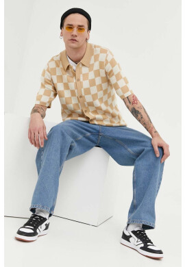 Vans Памучна тениска с яка в бежово с десен - Pepit.bg