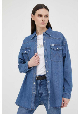 Wrangler Дънкова риза дамска в синьо със свободна кройка с класическа яка - Pepit.bg