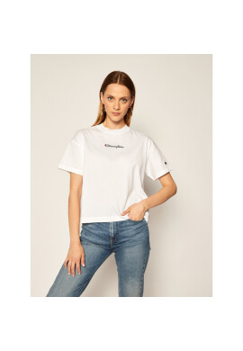 Champion Тишърт Cropped Oversized Small Script Logo 113195 Бял Custom Fit - Pepit.bg