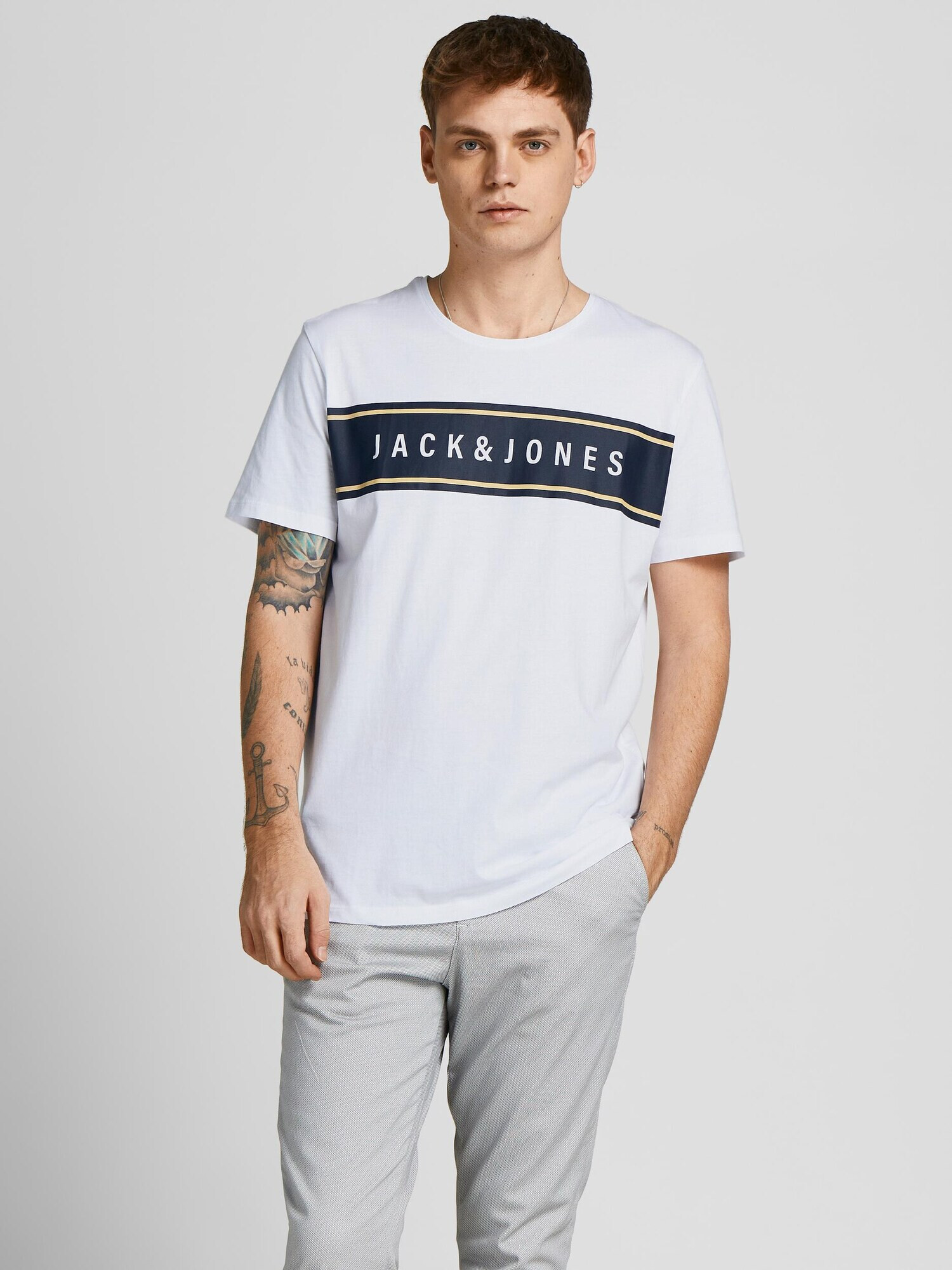 JACK & JONES Тениска 'Mast' нейви синьо / жълто / бяло - Pepit.bg