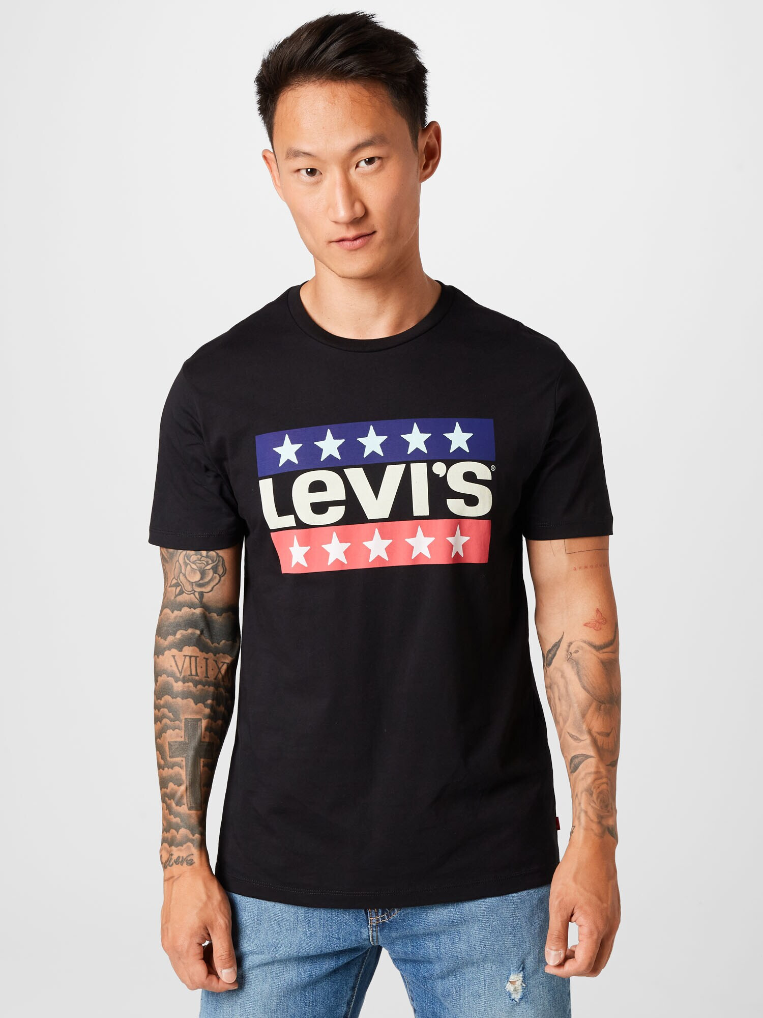 LEVI'S Тениска 'LSE_GRAPHIC CREWNECK TE BLACKS' нейви синьо / сьомга / черно / бяло - Pepit.bg