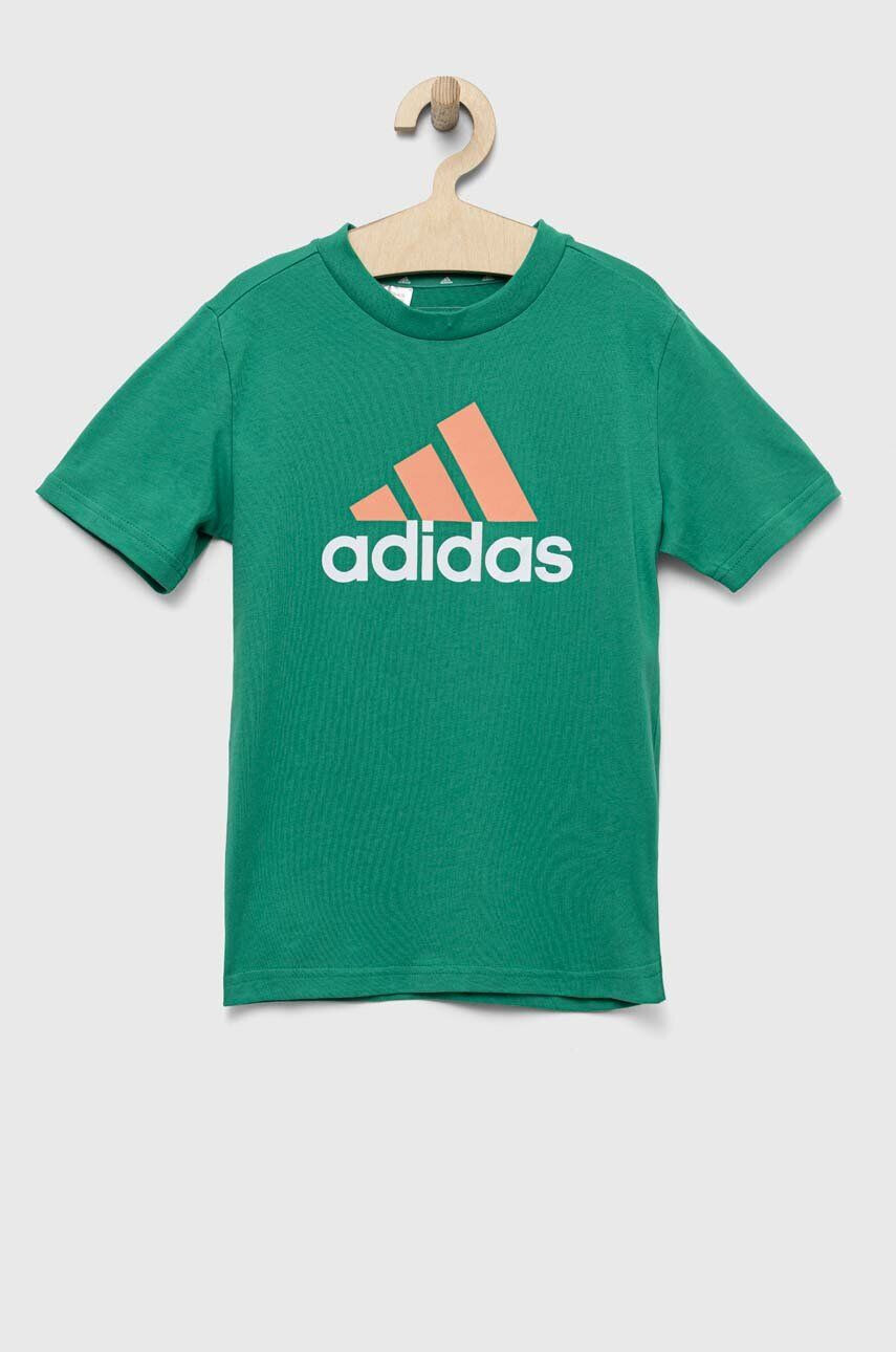 adidas Детска памучна тениска U BL 2 TEE в зелено с принт - Pepit.bg