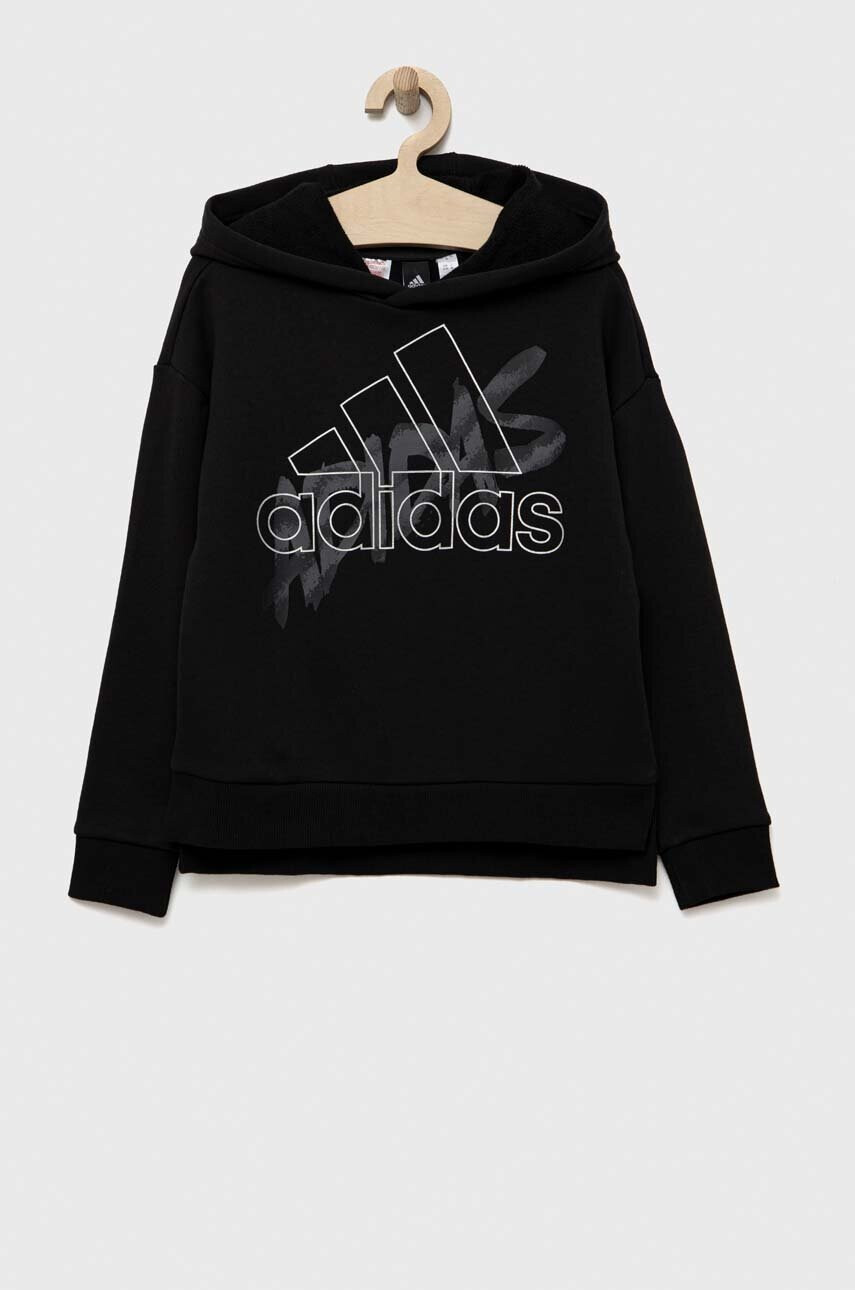 adidas Детски памучен суичър в черно с качулка с принт - Pepit.bg