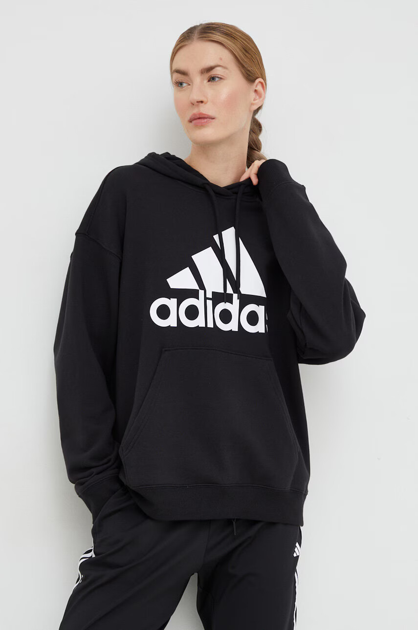 adidas Памучен суичър в черно с качулка с принт - Pepit.bg
