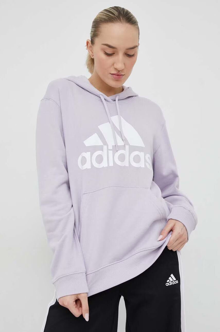adidas Памучен суичър В лилаво с качулка с принт - Pepit.bg
