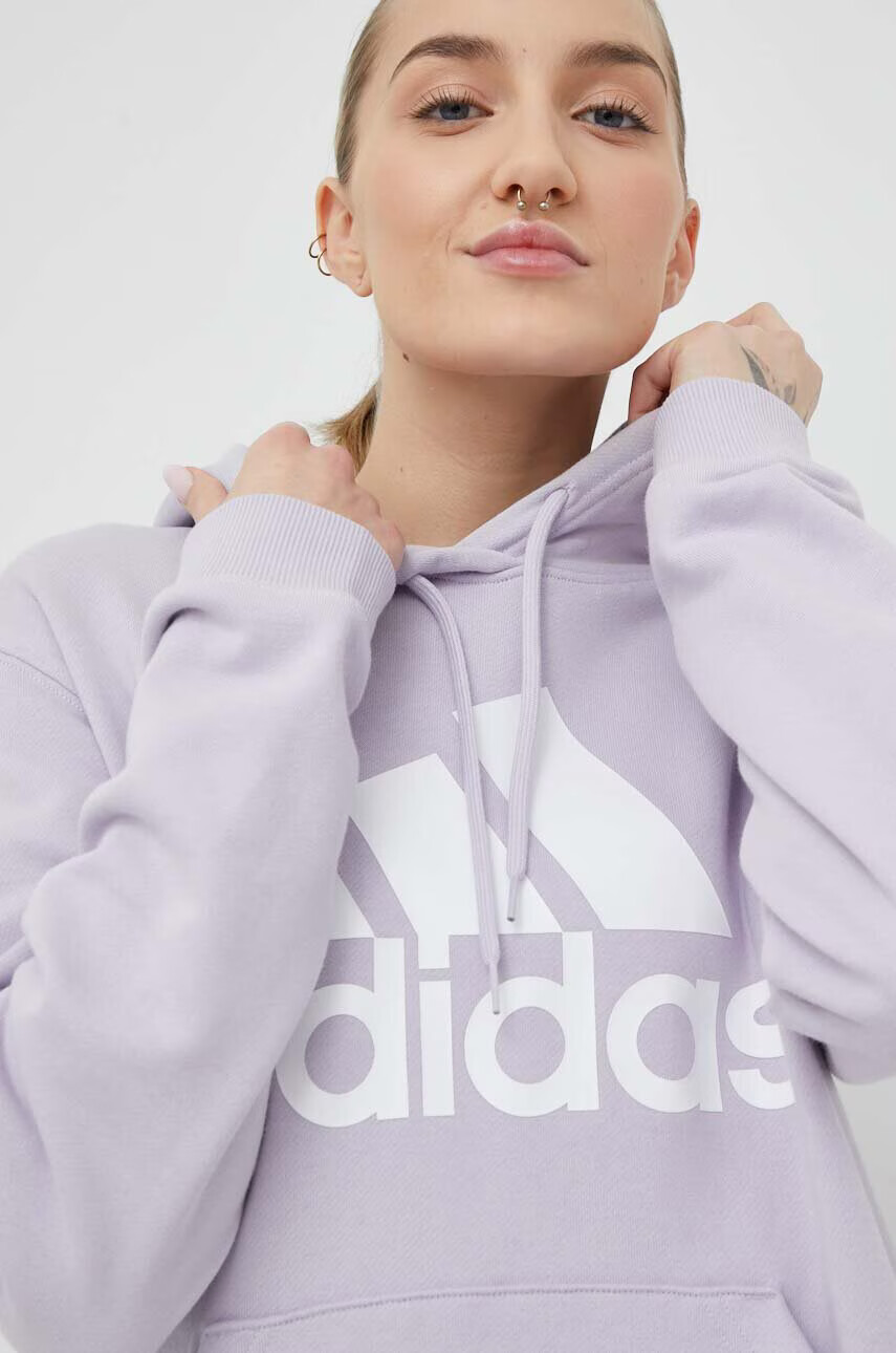 adidas Памучен суичър В лилаво с качулка с принт - Pepit.bg