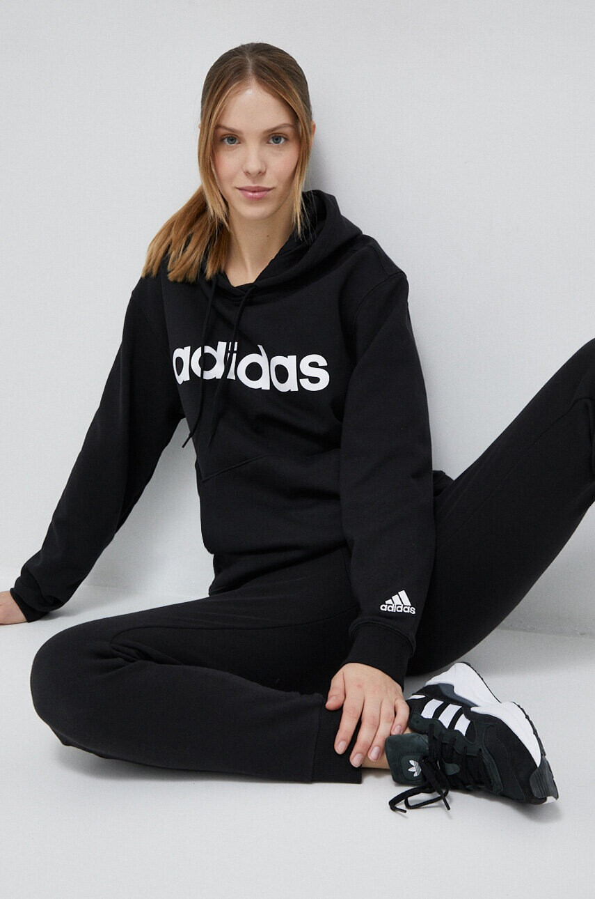 adidas Памучен суичър в черно с качулка с десен - Pepit.bg