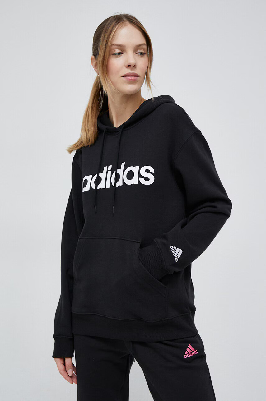 adidas Памучен суичър в черно с качулка с десен - Pepit.bg