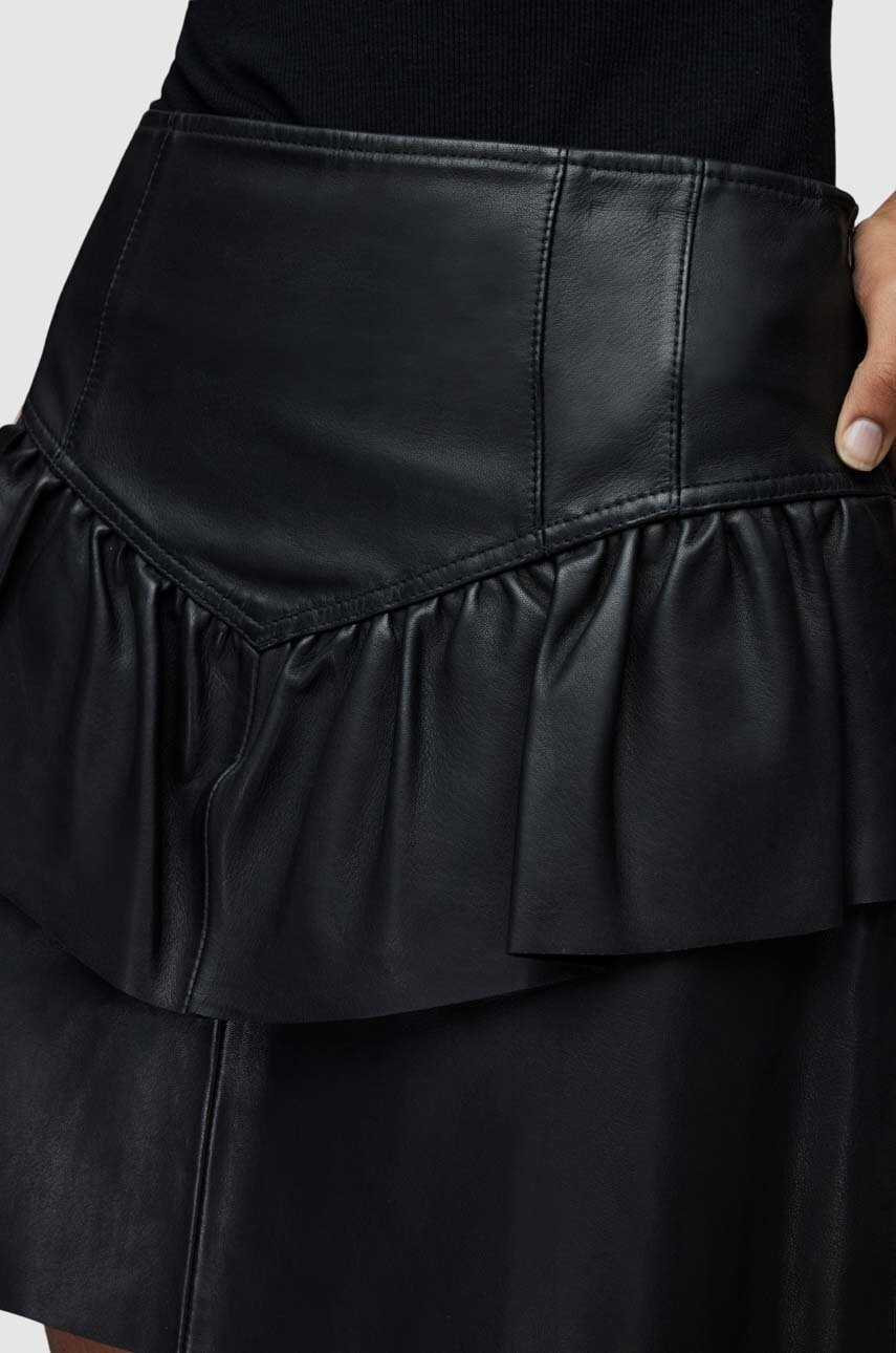 AllSaints Кожена пола в черно къс модел разкроен модел - Pepit.bg