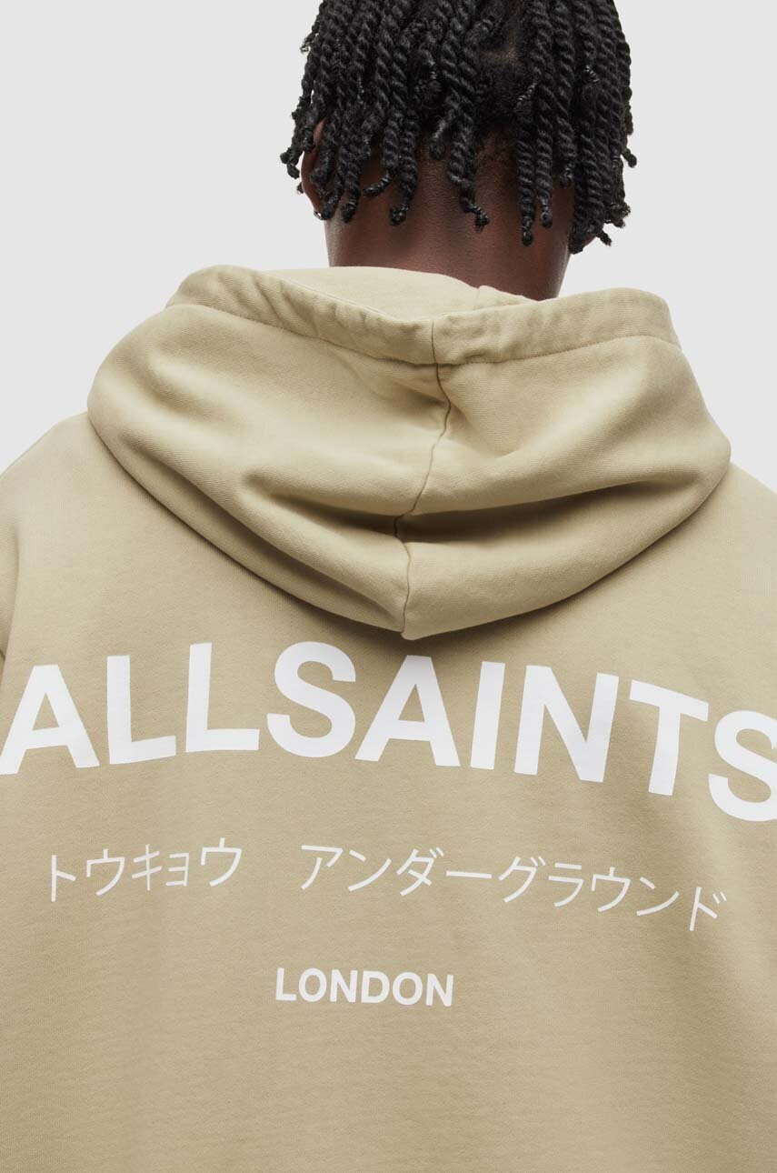 AllSaints Памучен суичър в зелено с качулка с принт - Pepit.bg