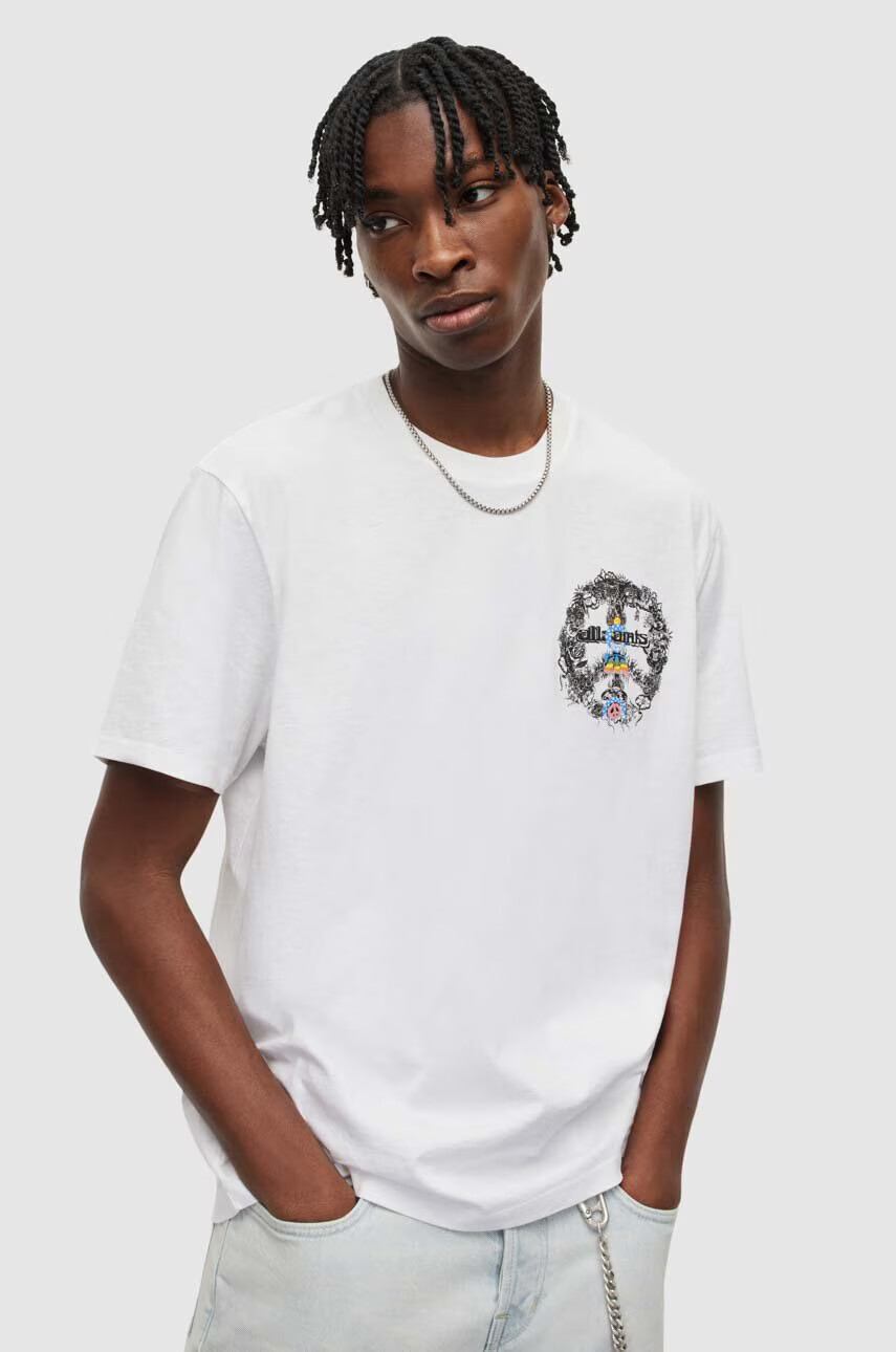 AllSaints Памучна тениска в бяло с принт - Pepit.bg