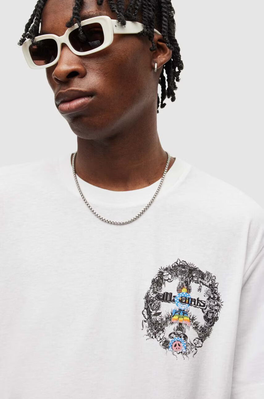 AllSaints Памучна тениска в бяло с принт - Pepit.bg