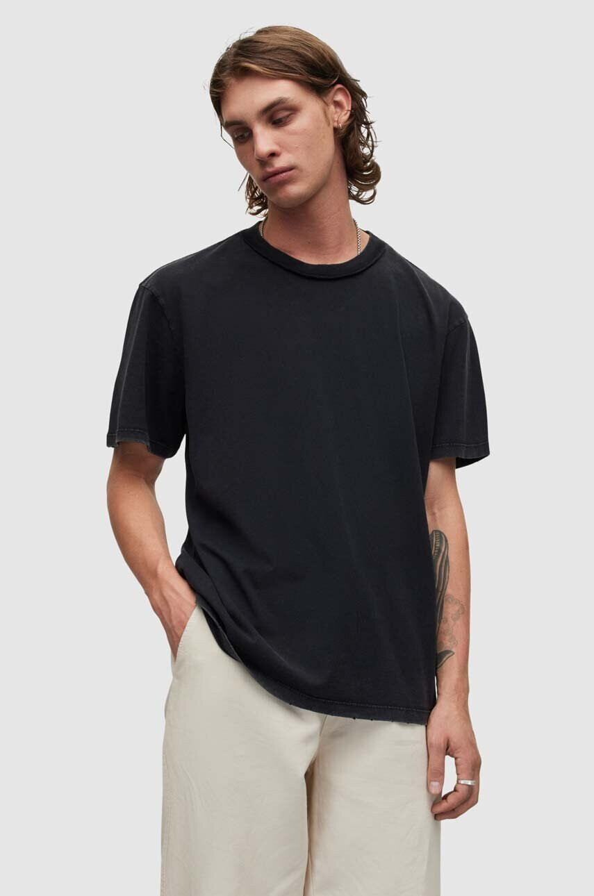 AllSaints Памучна тениска в черно с изчистен дизайн - Pepit.bg