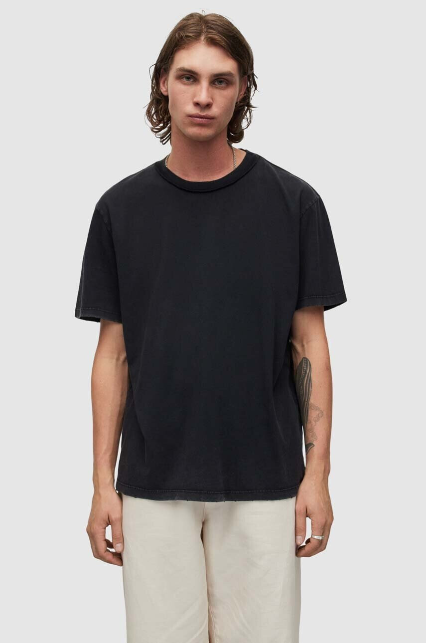 AllSaints Памучна тениска в черно с изчистен дизайн - Pepit.bg