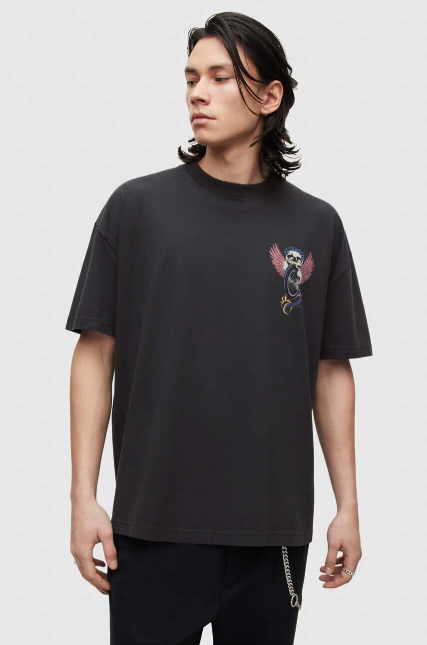 AllSaints Памучна тениска в черно с принт - Pepit.bg