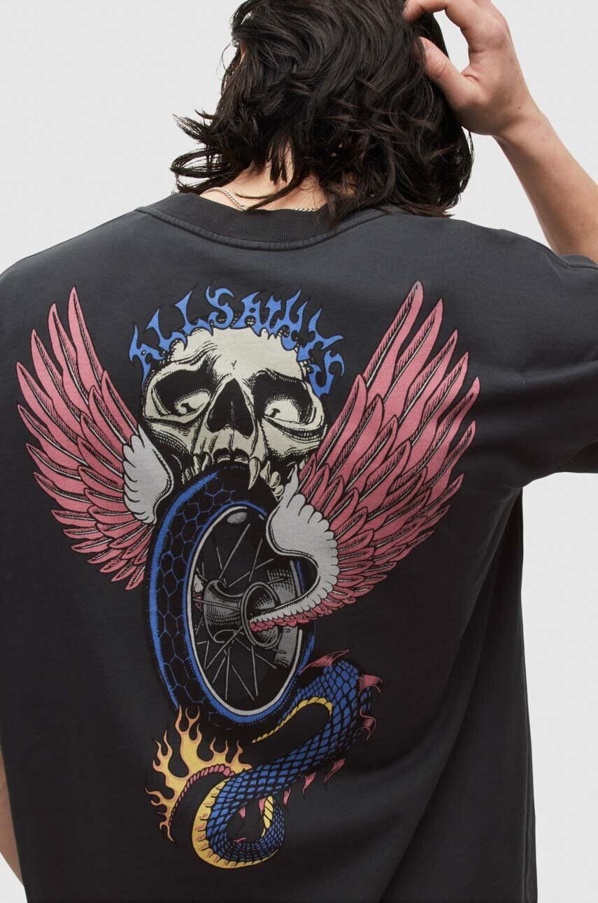 AllSaints Памучна тениска в черно с принт - Pepit.bg