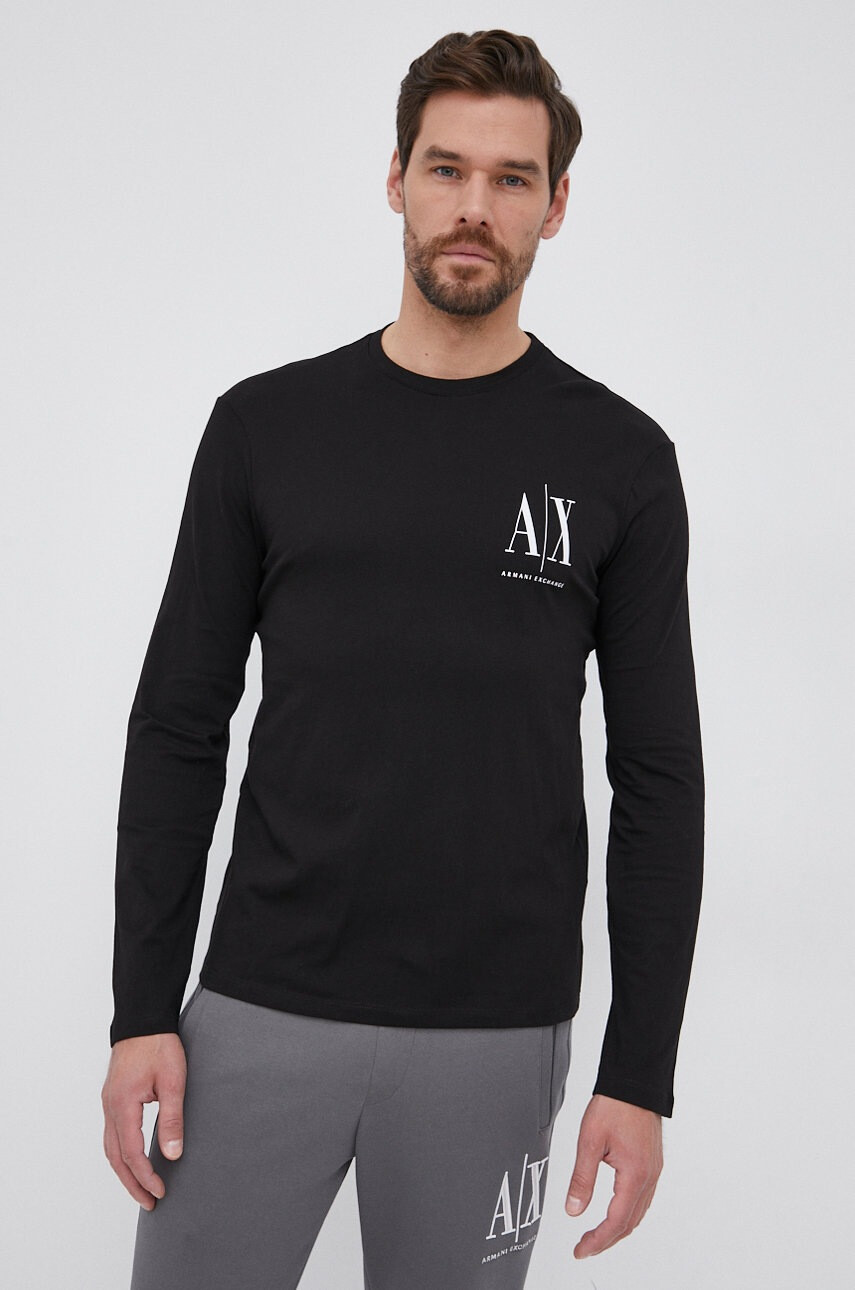 Armani Exchange Памучна блуза с дълги ръкави в черно с принт - Pepit.bg