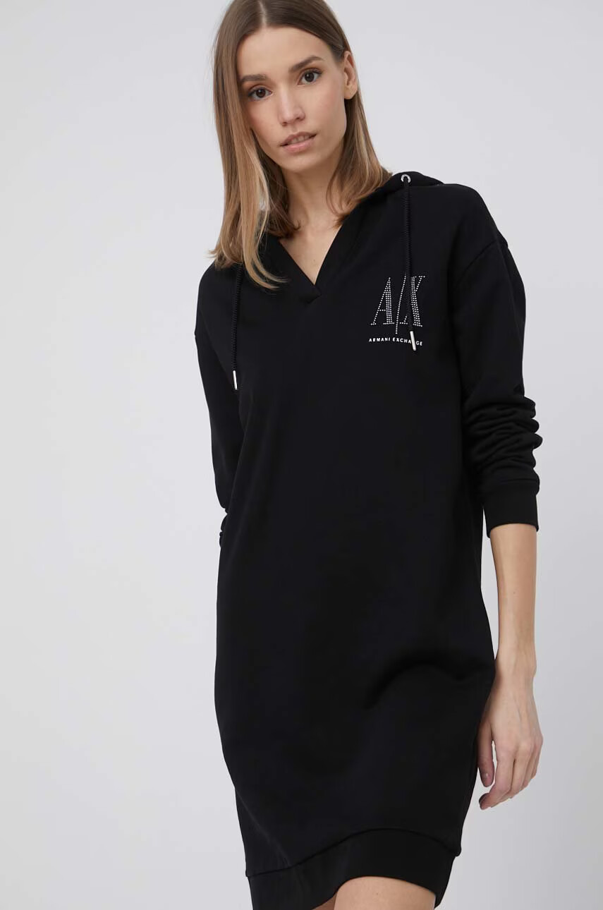 Armani Exchange Памучна рокля в черно къс модел с уголемена кройка - Pepit.bg