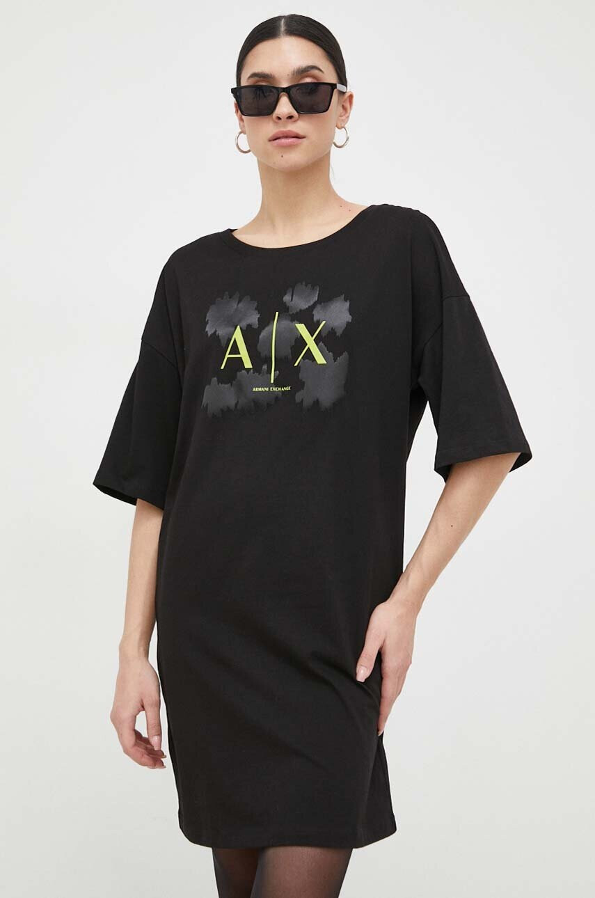 Armani Exchange Памучна рокля в черно къс модел с уголемена кройка - Pepit.bg