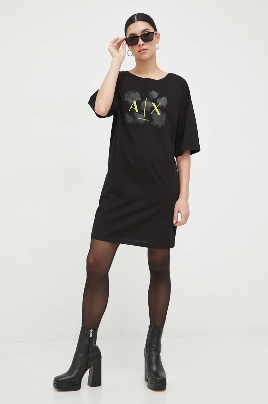 Armani Exchange Памучна рокля в черно къс модел с уголемена кройка - Pepit.bg