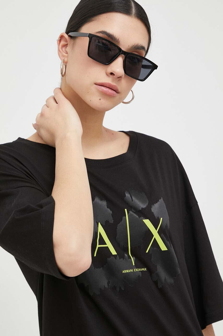 Armani Exchange Памучна рокля в черно къс модел с уголемена кройка - Pepit.bg