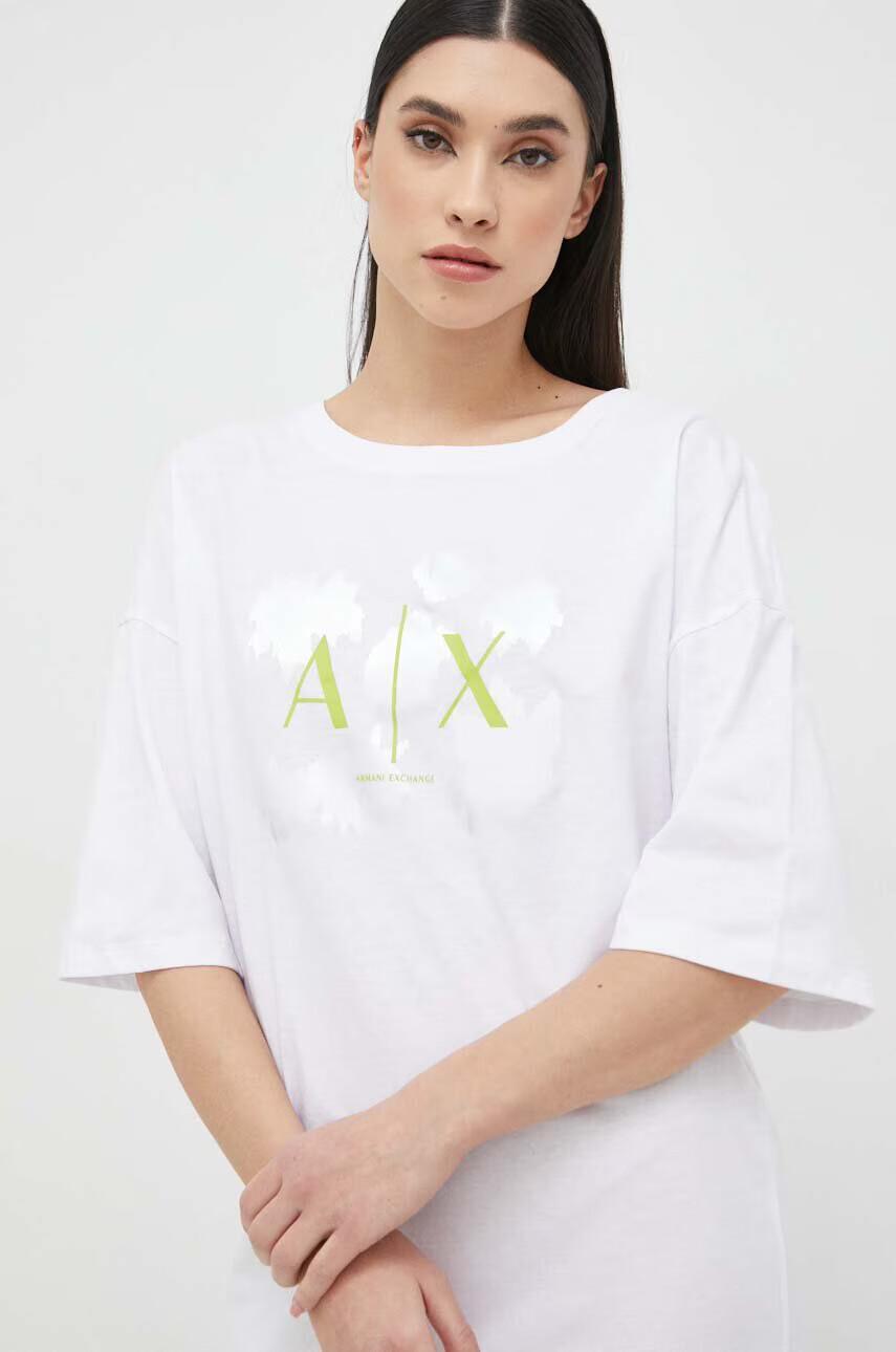 Armani Exchange Памучна рокля в бяло къс модел с уголемена кройка - Pepit.bg