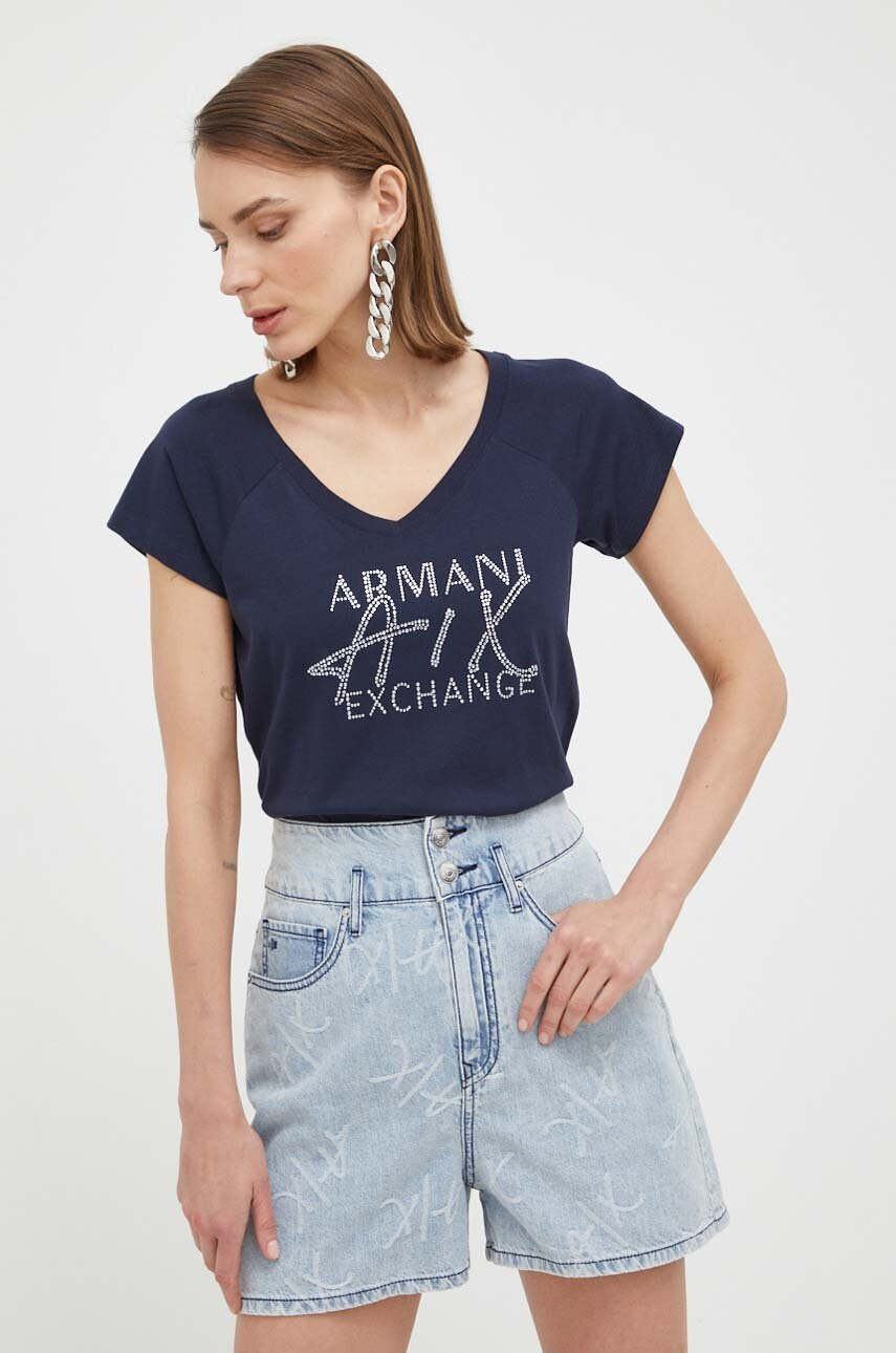 Armani Exchange Памучна тениска в тъмносиньо - Pepit.bg