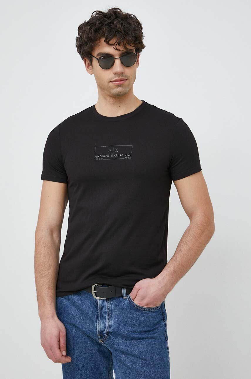 Armani Exchange Памучна тениска в черно с принт - Pepit.bg