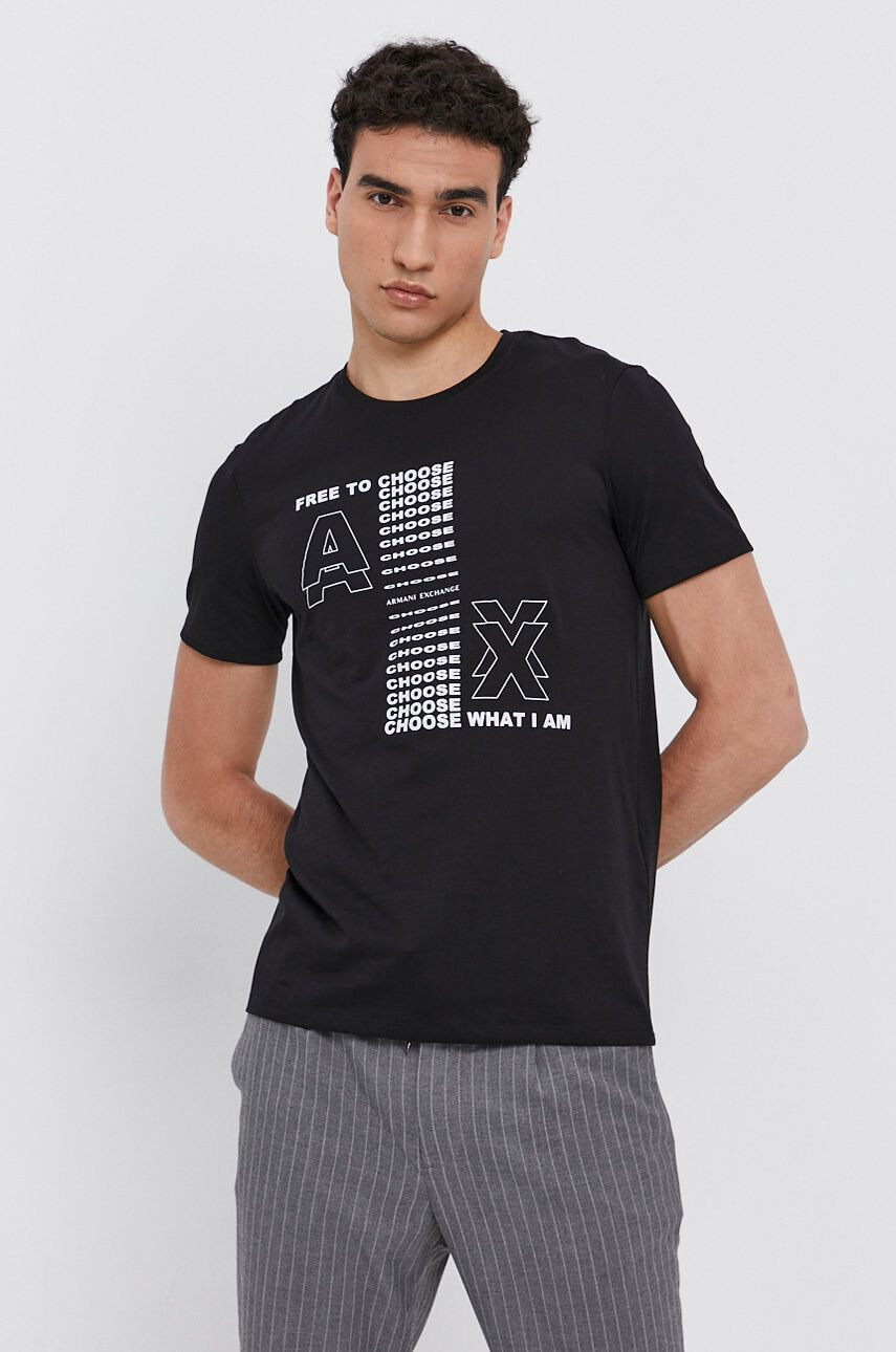 Armani Exchange Памучна тениска в черно с принт - Pepit.bg